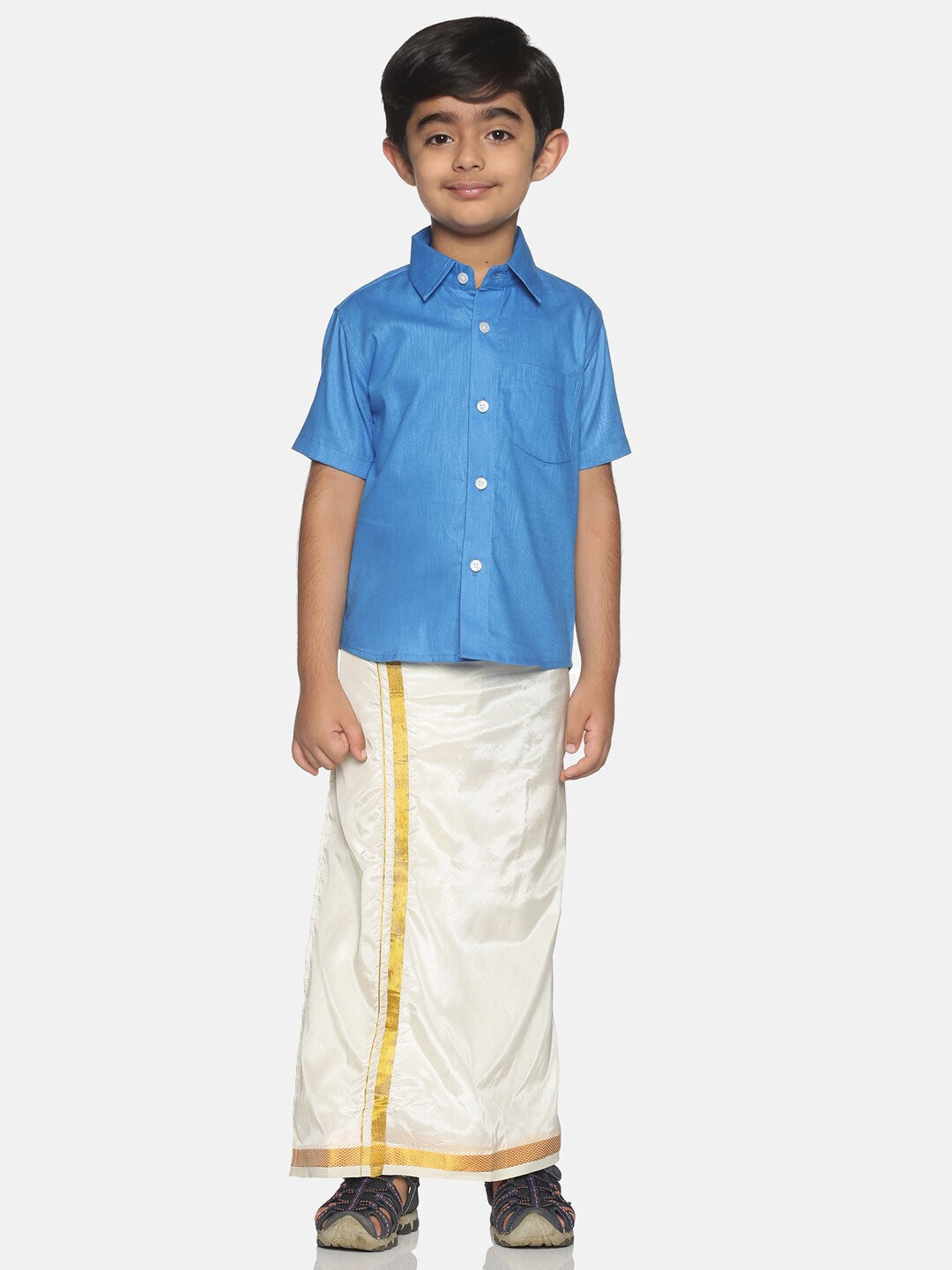 Sethukrishna Boys Blue & White Shirt with Veshti Set