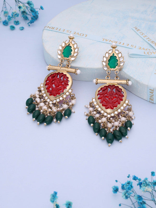 Tehzeeb Creations Latest Red & Green Colour Gold Polish Kundan & Pearl Studded Designer Drop Long Earrings For Women And Girls Yellow - Distacart