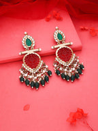 Tehzeeb Creations Latest Red & Green Colour Gold Polish Kundan & Pearl Studded Designer Drop Long Earrings For Women And Girls Yellow - Distacart