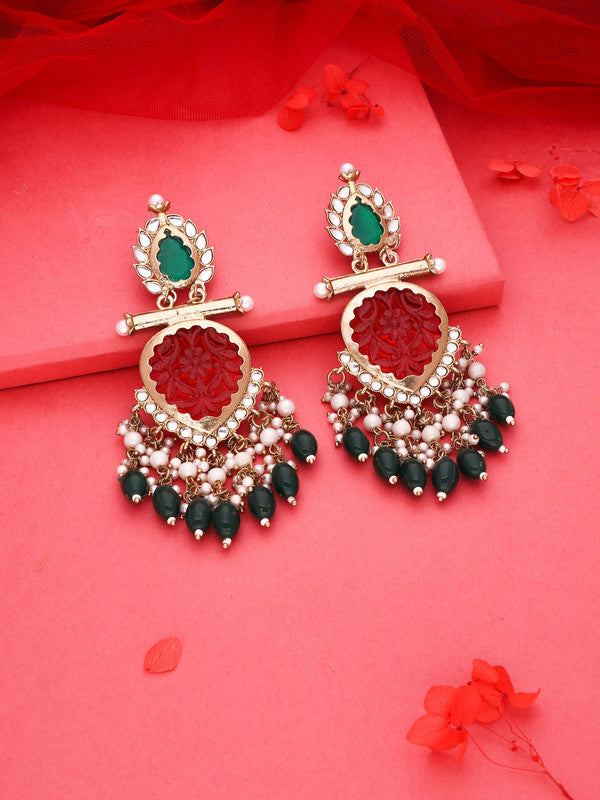 Tehzeeb Creations Latest Red & Green Colour Gold Polish Kundan & Pearl Studded Designer Drop Long Earrings For Women And Girls Yellow - Distacart