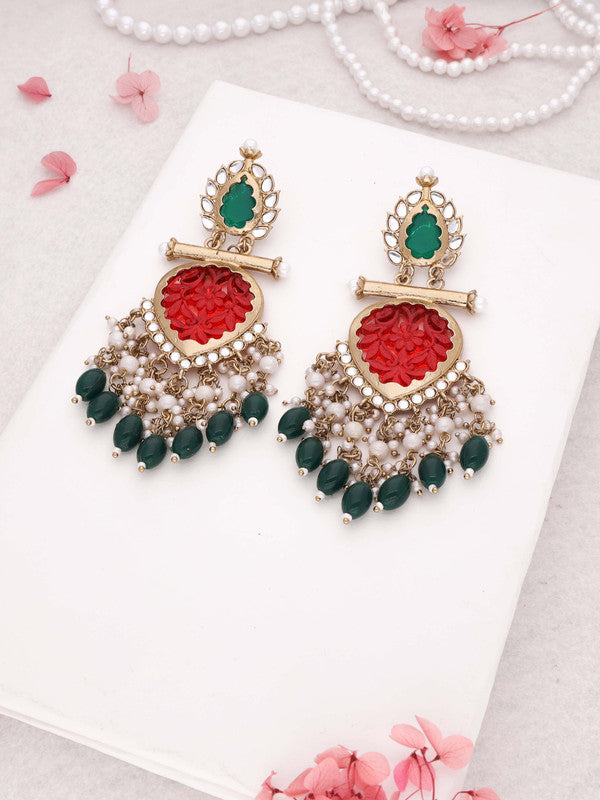 Tehzeeb Creations Latest Red & Green Colour Gold Polish Kundan & Pearl Studded Designer Drop Long Earrings For Women And Girls Yellow - Distacart