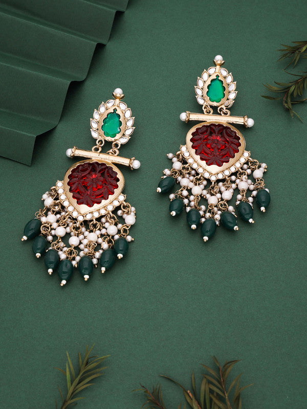 Tehzeeb Creations Latest Red & Green Colour Gold Polish Kundan & Pearl Studded Designer Drop Long Earrings For Women And Girls Yellow - Distacart