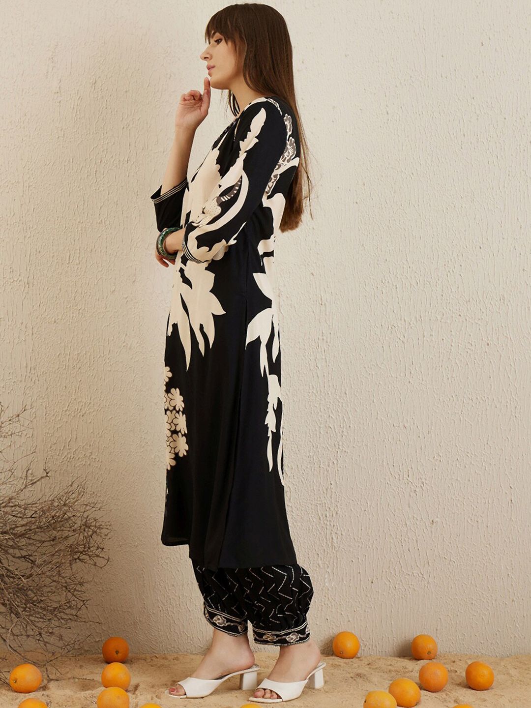 Indo Era Black Floral Printed V-Neck Sequinned A-Line Kurta With Salwar - Distacart