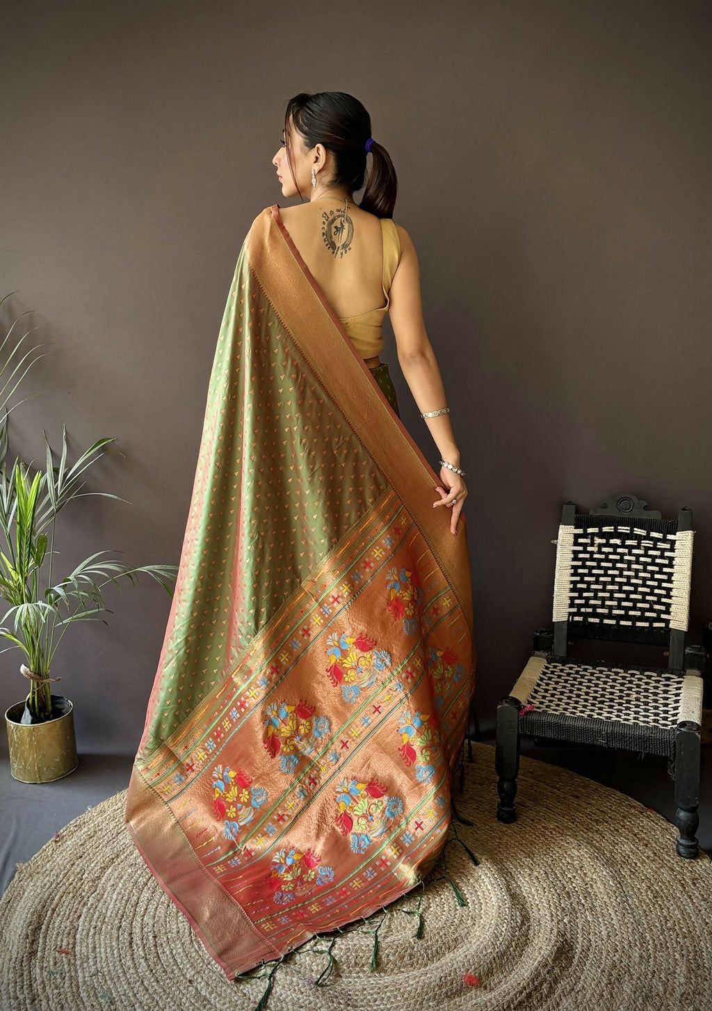 Joban Fashion Olive Green Jacquard Butti Soft Lichi Silk Paithani Saree - Distacart