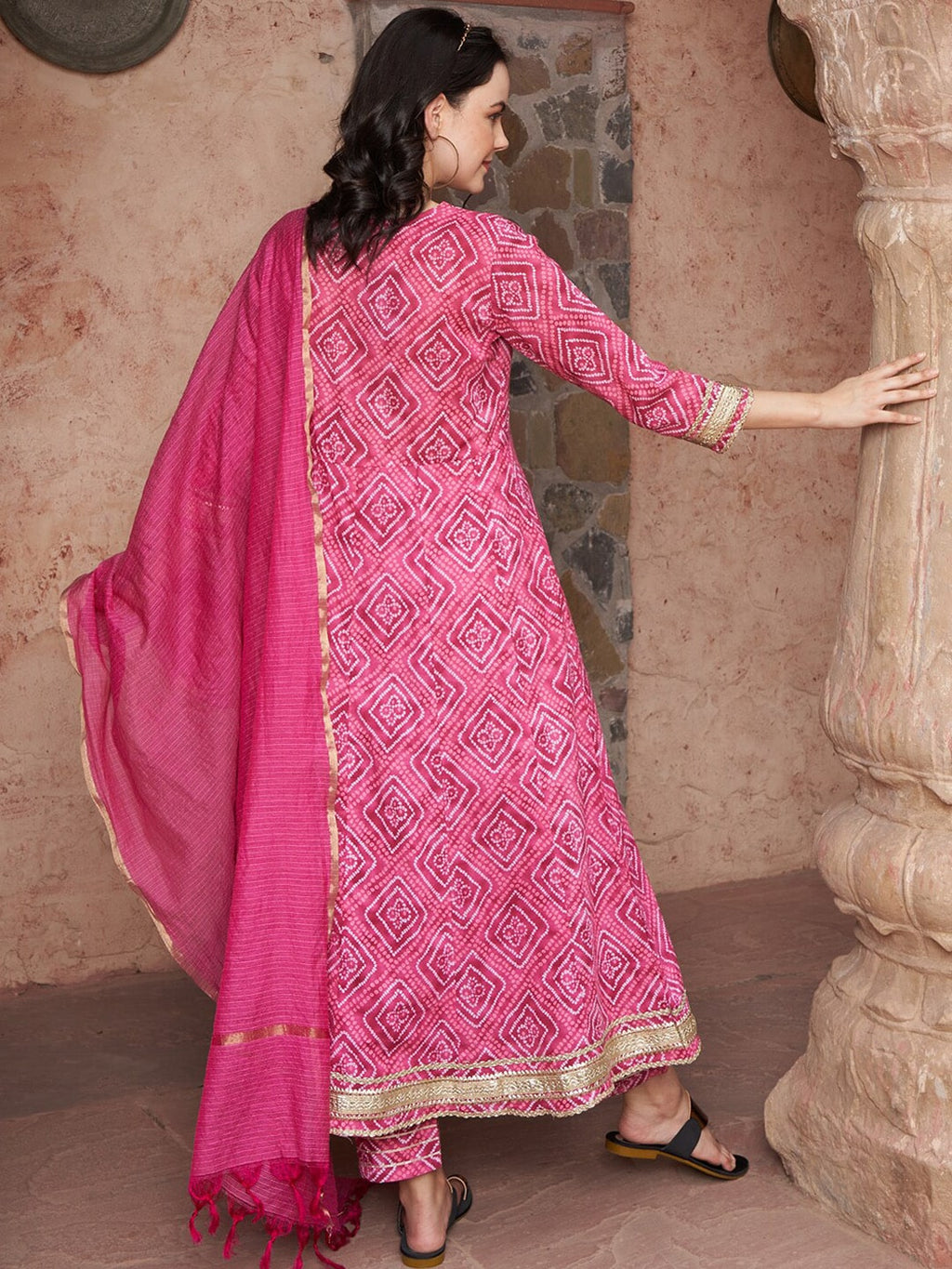 Sangria Bandhani Printed Thread Work Pure Cotton A-Line Kurta with Trousers & Dupatta
