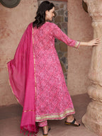 Sangria Bandhani Printed Thread Work Pure Cotton A-Line Kurta with Trousers & Dupatta