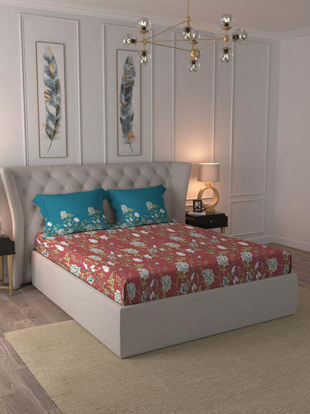 MYTRIDENT Maroon White Floral Pure Cotton 144 TC Queen Bedsheet With 2 Pillow Covers