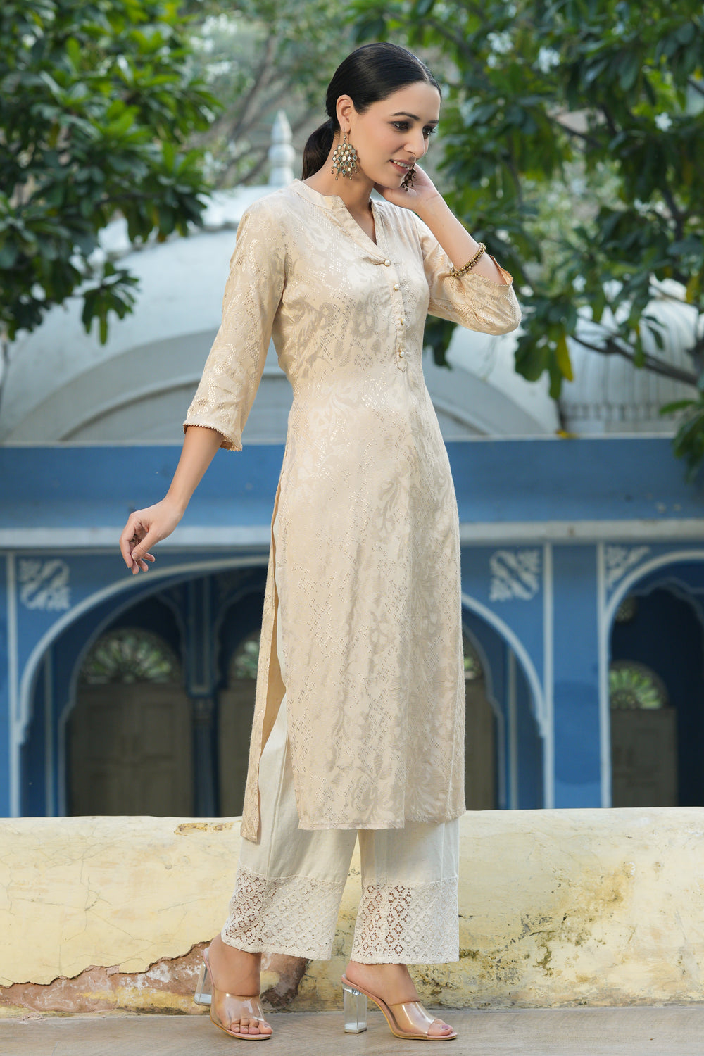 Juniper Women's Ivory Rayon Jacquard Woven - Jacquard Straight Kurta - Distacart