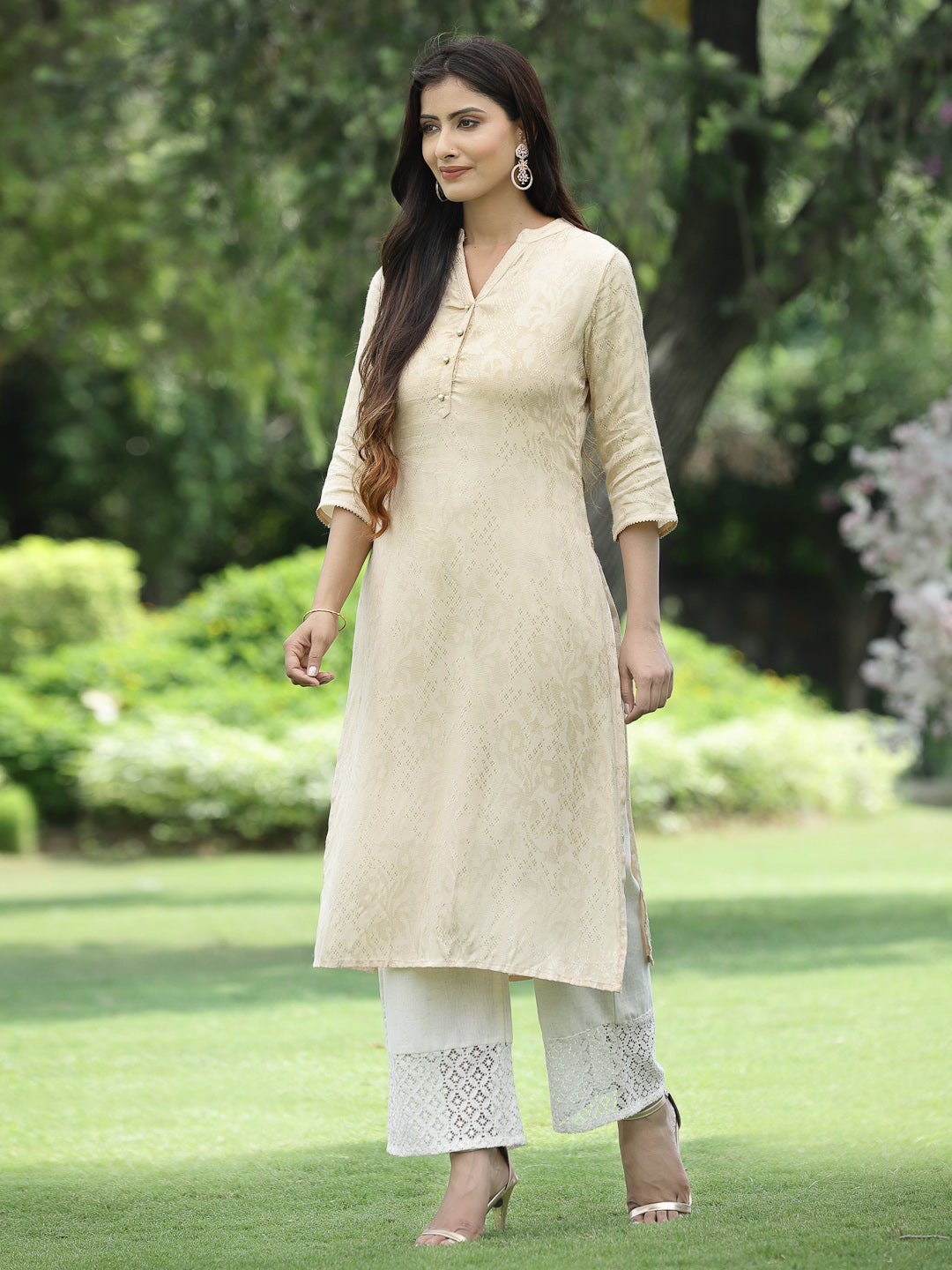 Juniper Womens Ivory Rayon Jacquard Straight Kurta - Distacart