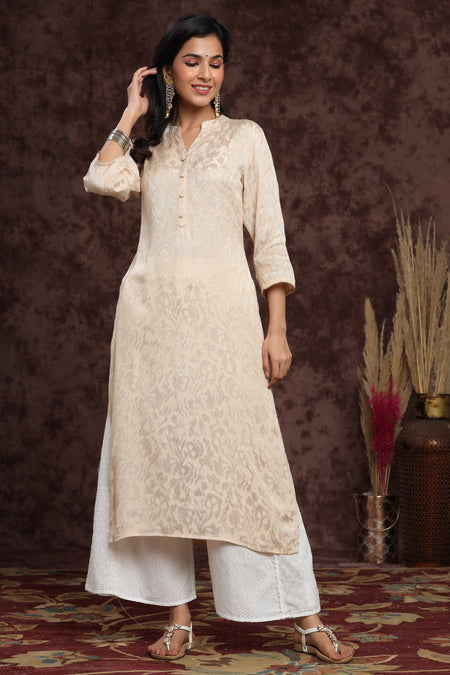 Juniper Women's Ivory Rayon Jacquard Woven - Jacquard Straight Kurta