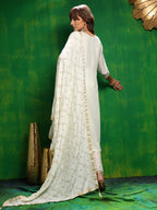 Sequinned Embroidered Silk Blend Kurta With Pant & Embroidered Dupatta, White - Hiral Fashion