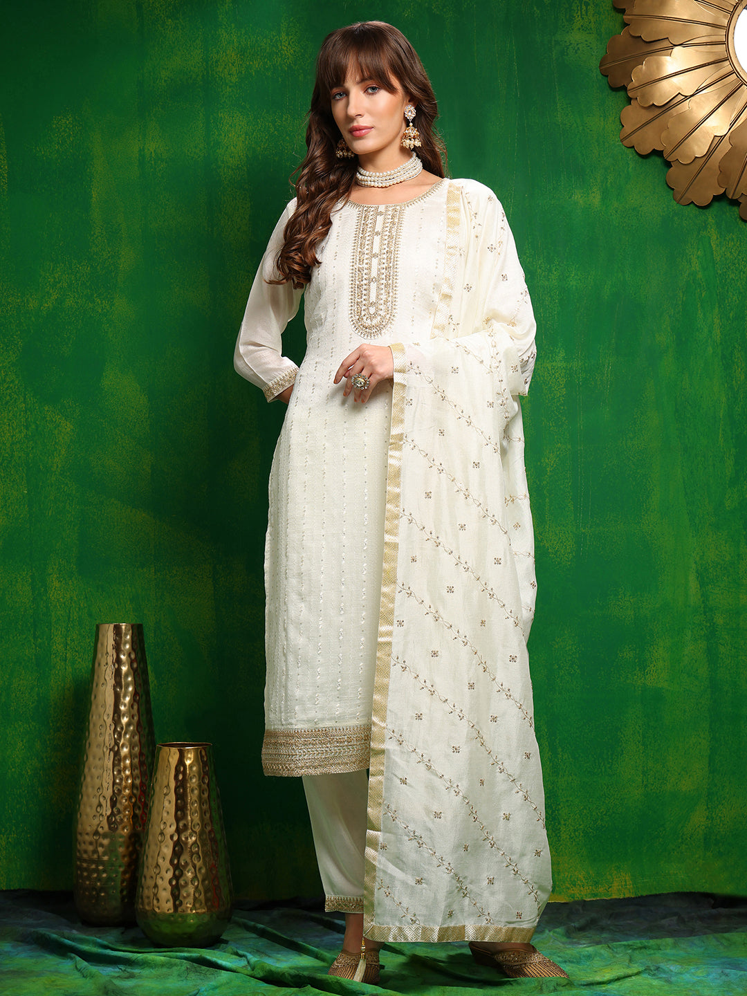 Sequinned Embroidered Silk Blend Kurta With Pant & Embroidered Dupatta, White - Hiral Fashion