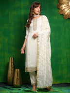 Sequinned Embroidered Silk Blend Kurta With Pant & Embroidered Dupatta, White - Hiral Fashion