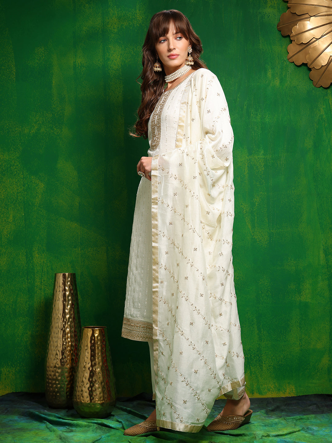 Sequinned Embroidered Silk Blend Kurta With Pant & Embroidered Dupatta, White - Hiral Fashion