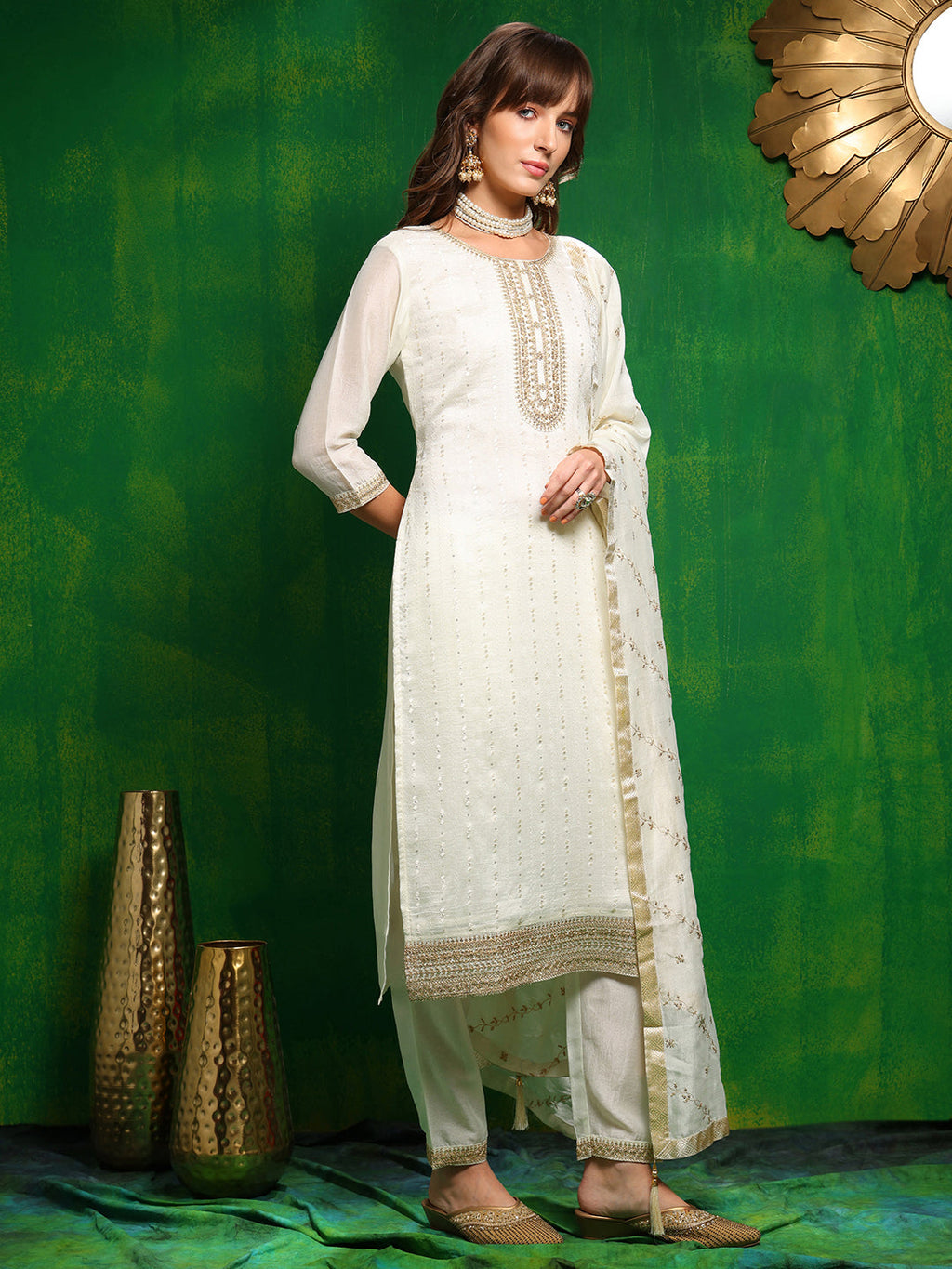 Sequinned Embroidered Silk Blend Kurta With Pant & Embroidered Dupatta, White - Hiral Fashion