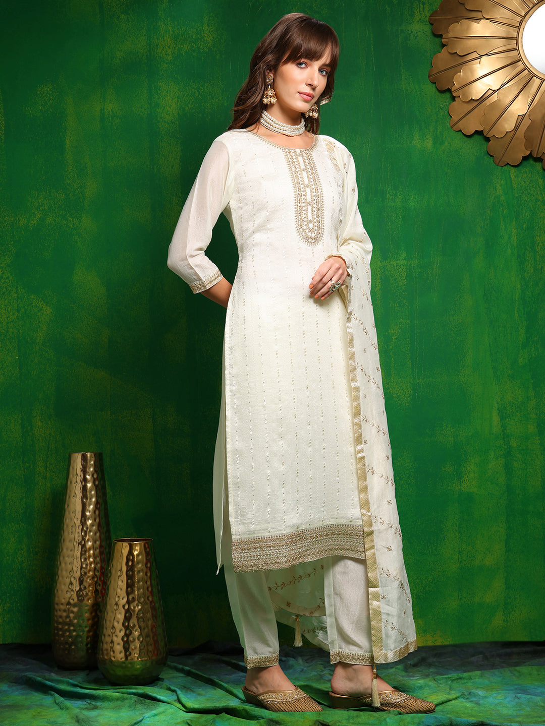 Sequinned Embroidered Silk Blend Kurta With Pant & Embroidered Dupatta, White - Hiral Fashion