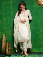 Sequinned Embroidered Silk Blend Kurta With Pant & Embroidered Dupatta, White - Hiral Fashion