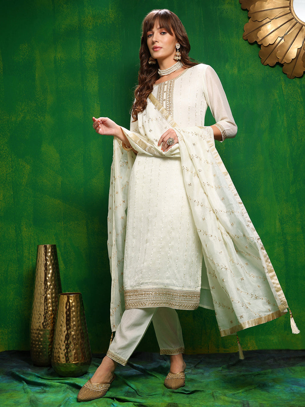 Sequinned Embroidered Silk Blend Kurta With Pant & Embroidered Dupatta, White - Hiral Fashion