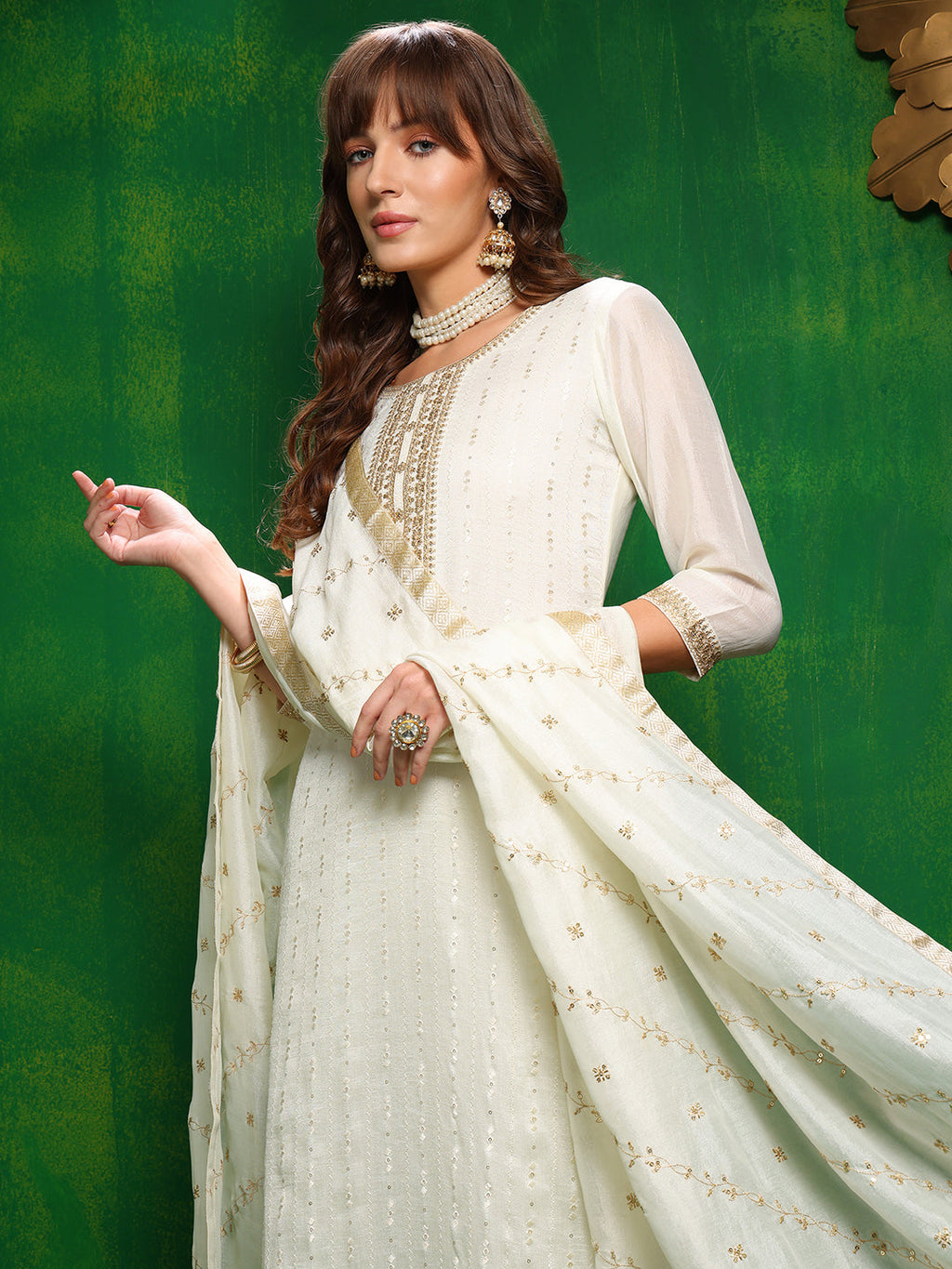 Sequinned Embroidered Silk Blend Kurta With Pant & Embroidered Dupatta, White - Hiral Fashion