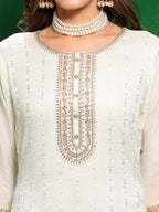 Sequinned Embroidered Silk Blend Kurta With Pant & Embroidered Dupatta, White - Hiral Fashion