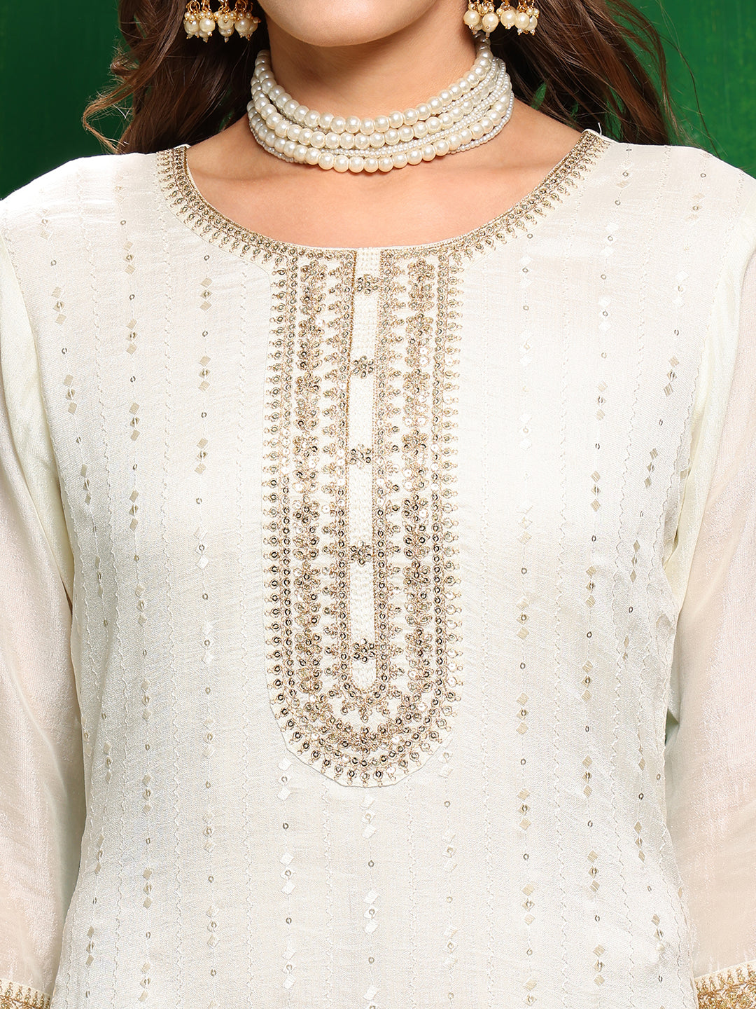 Sequinned Embroidered Silk Blend Kurta With Pant & Embroidered Dupatta, White - Hiral Fashion