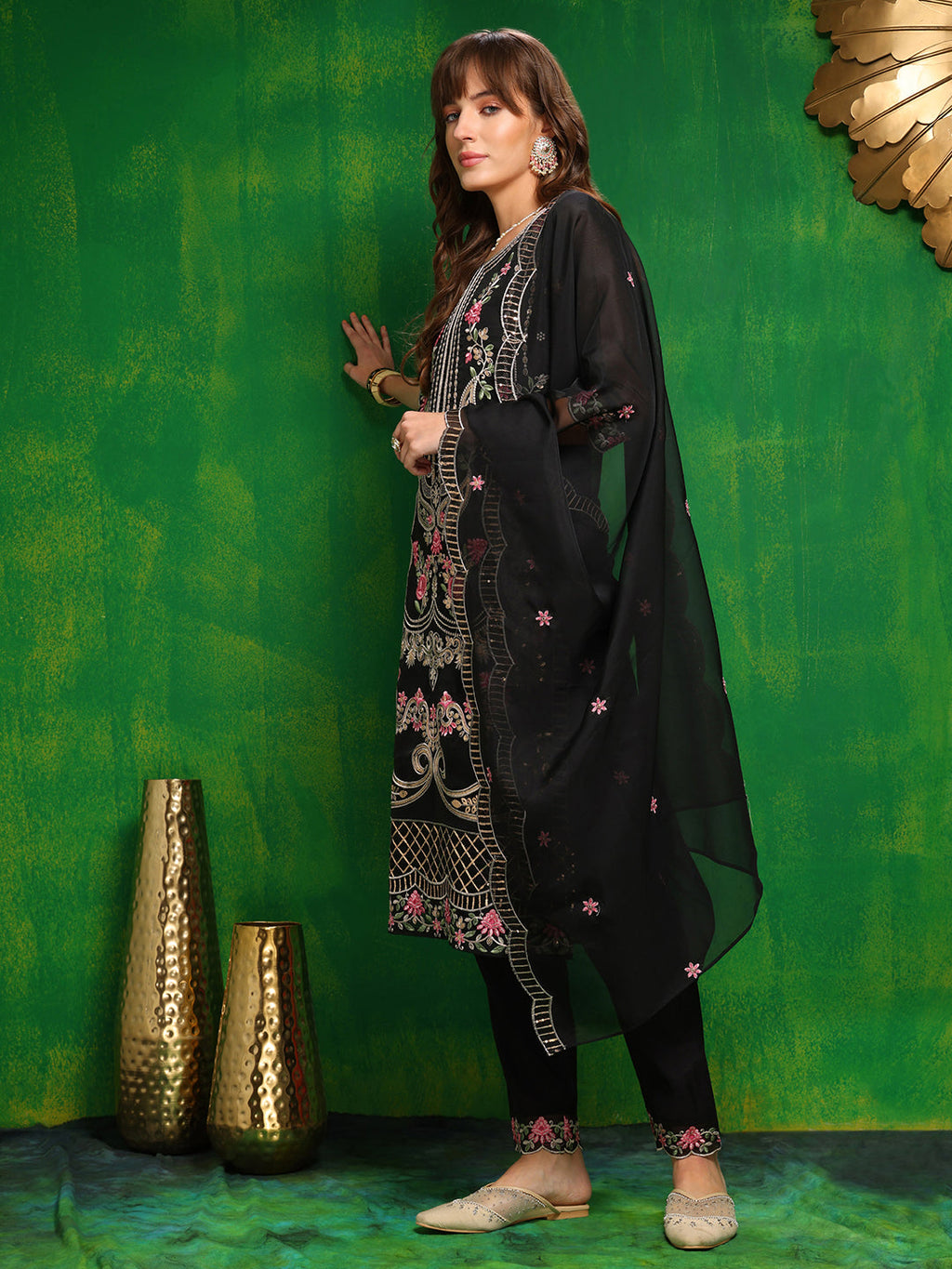 Pakistani Embroidered Kurta With Pant & Dupatta, Black - Hiral Fashion - Distacart