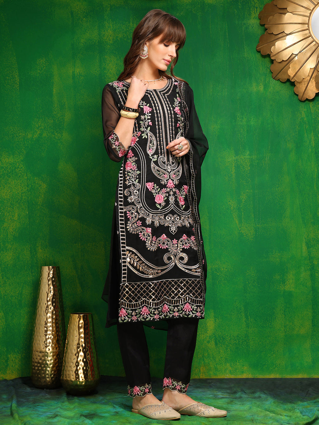Pakistani Embroidered Kurta With Pant & Dupatta, Black - Hiral Fashion - Distacart