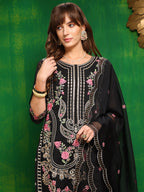 Pakistani Embroidered Kurta With Pant & Dupatta, Black - Hiral Fashion - Distacart