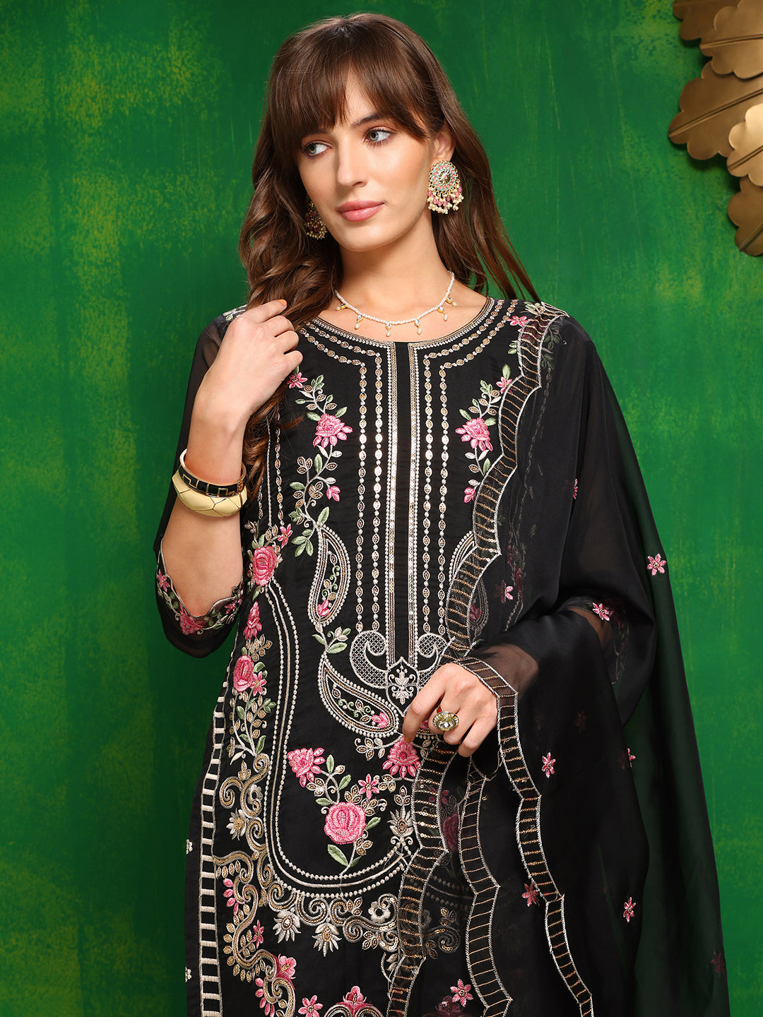 Pakistani Embroidered Kurta With Pant & Dupatta, Black - Hiral Fashion - Distacart