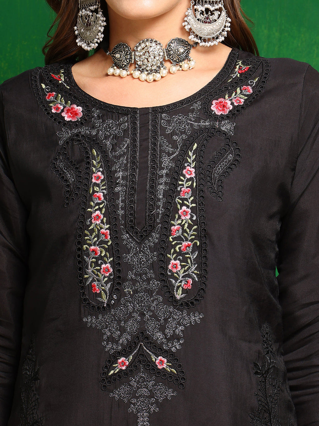 Pakistani Embroidered Kurta With Pant & Dupatta, Black - Hiral Fashion - Distacart