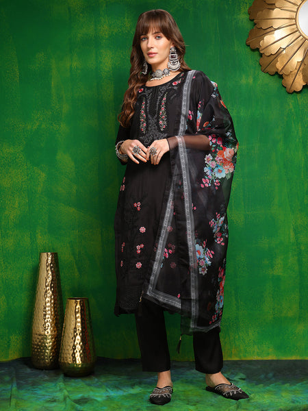 Pakistani Embroidered Kurta With Pant & Dupatta, Black - Hiral Fashion