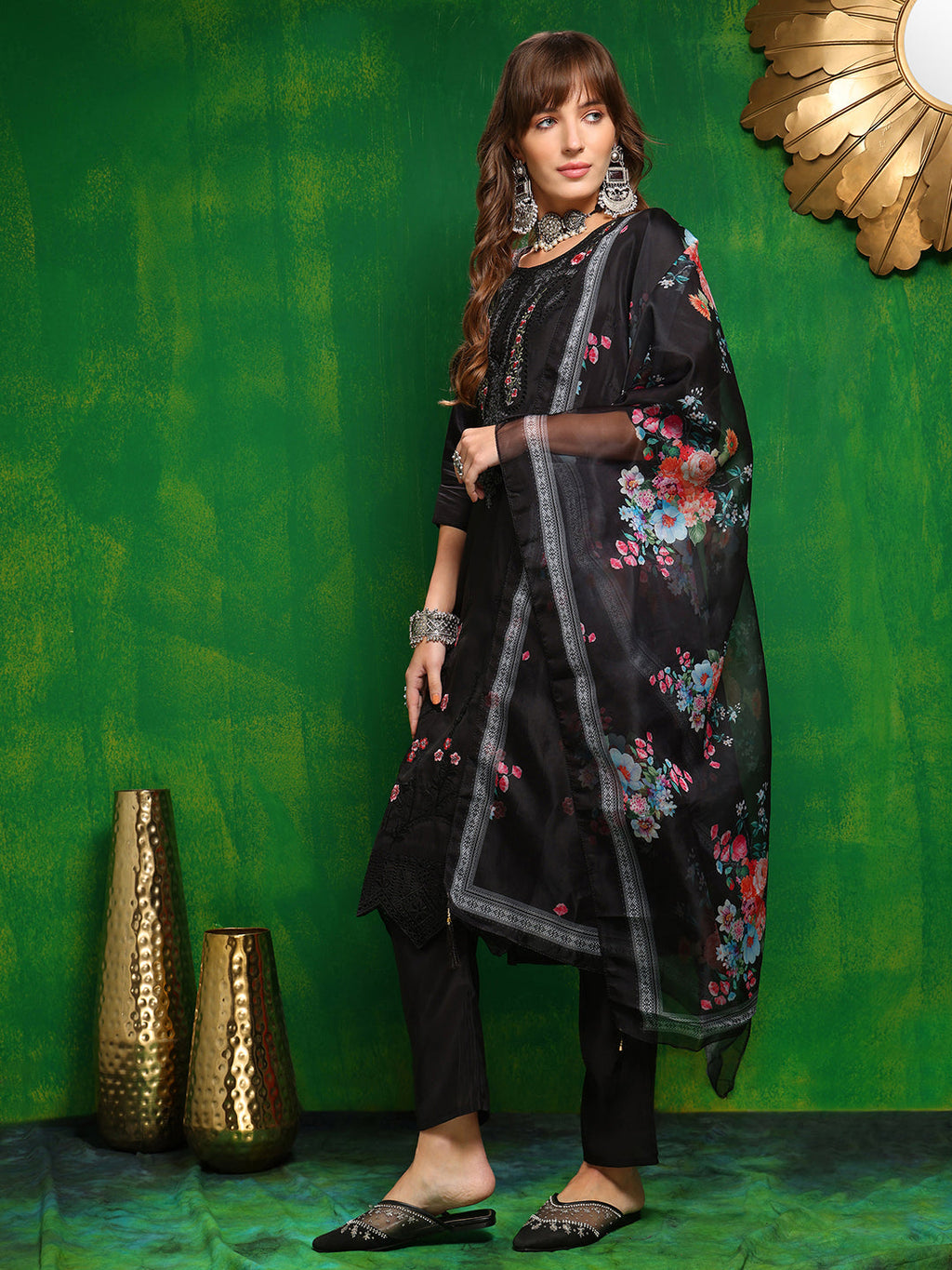 Pakistani Embroidered Kurta With Pant & Dupatta, Black - Hiral Fashion - Distacart
