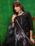 Pakistani Embroidered Kurta With Pant & Dupatta, Black - Hiral Fashion - Distacart