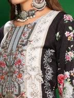 Pakistani Printed Kurta With Pant & Dupatta, Black - Hiral Fashion
