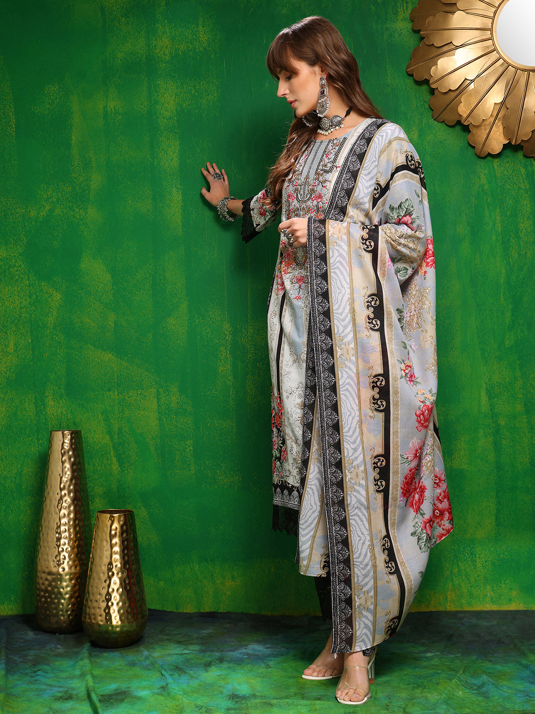 Pakistani Printed Kurta With Pant & Dupatta, Black - Hiral Fashion