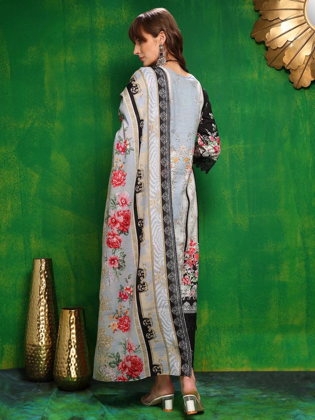 Pakistani Printed Kurta With Pant & Dupatta, Black - Hiral Fashion