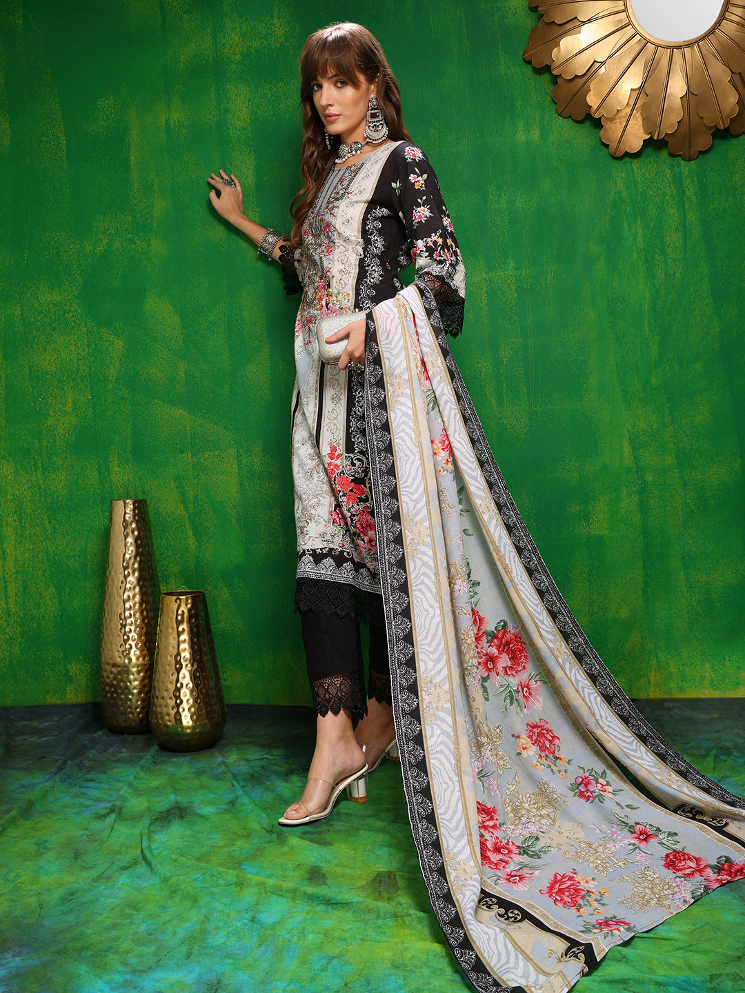 Pakistani Printed Kurta With Pant & Dupatta, Black - Hiral Fashion