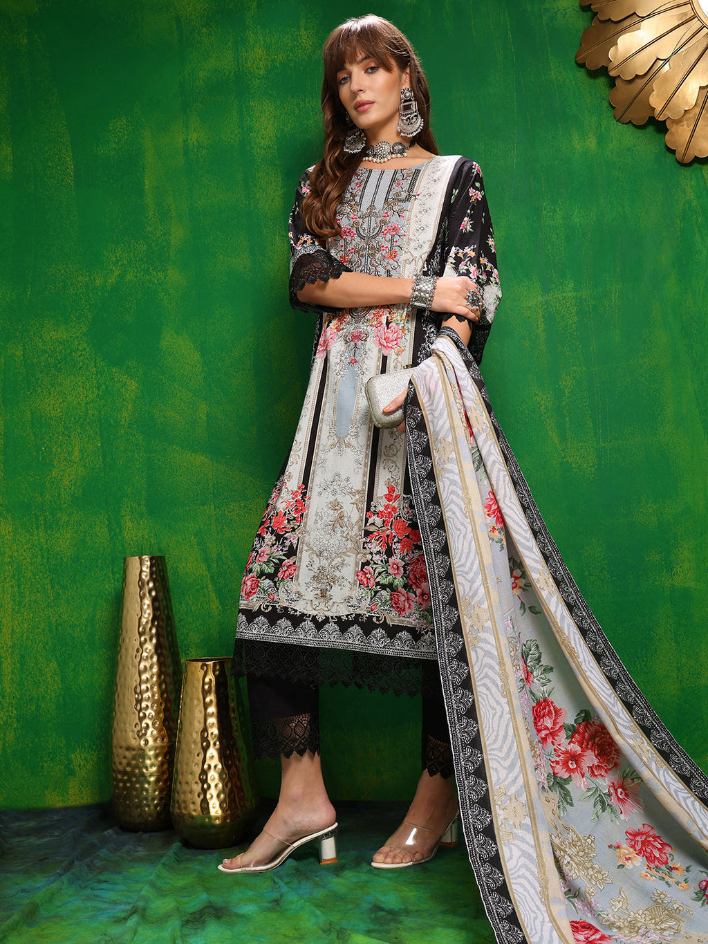 Pakistani Printed Kurta With Pant & Dupatta, Black - Hiral Fashion