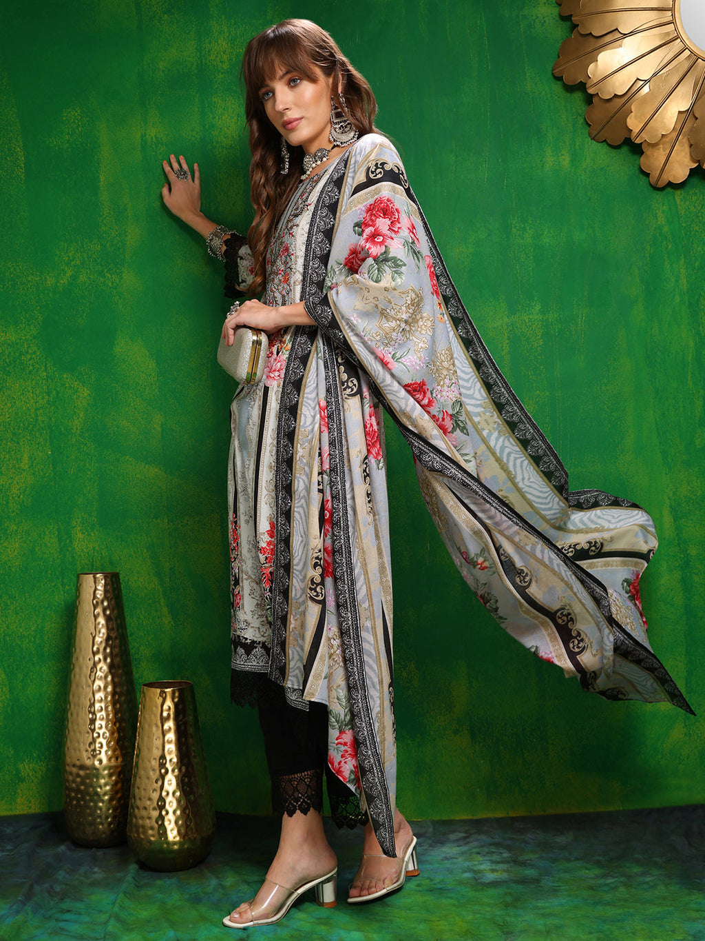 Pakistani Printed Kurta With Pant & Dupatta, Black - Hiral Fashion