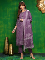 Bandhani Printed And Embroidered Kurta With Pant & Dupatta, Lavender - Hiral Fashion - Distacart
