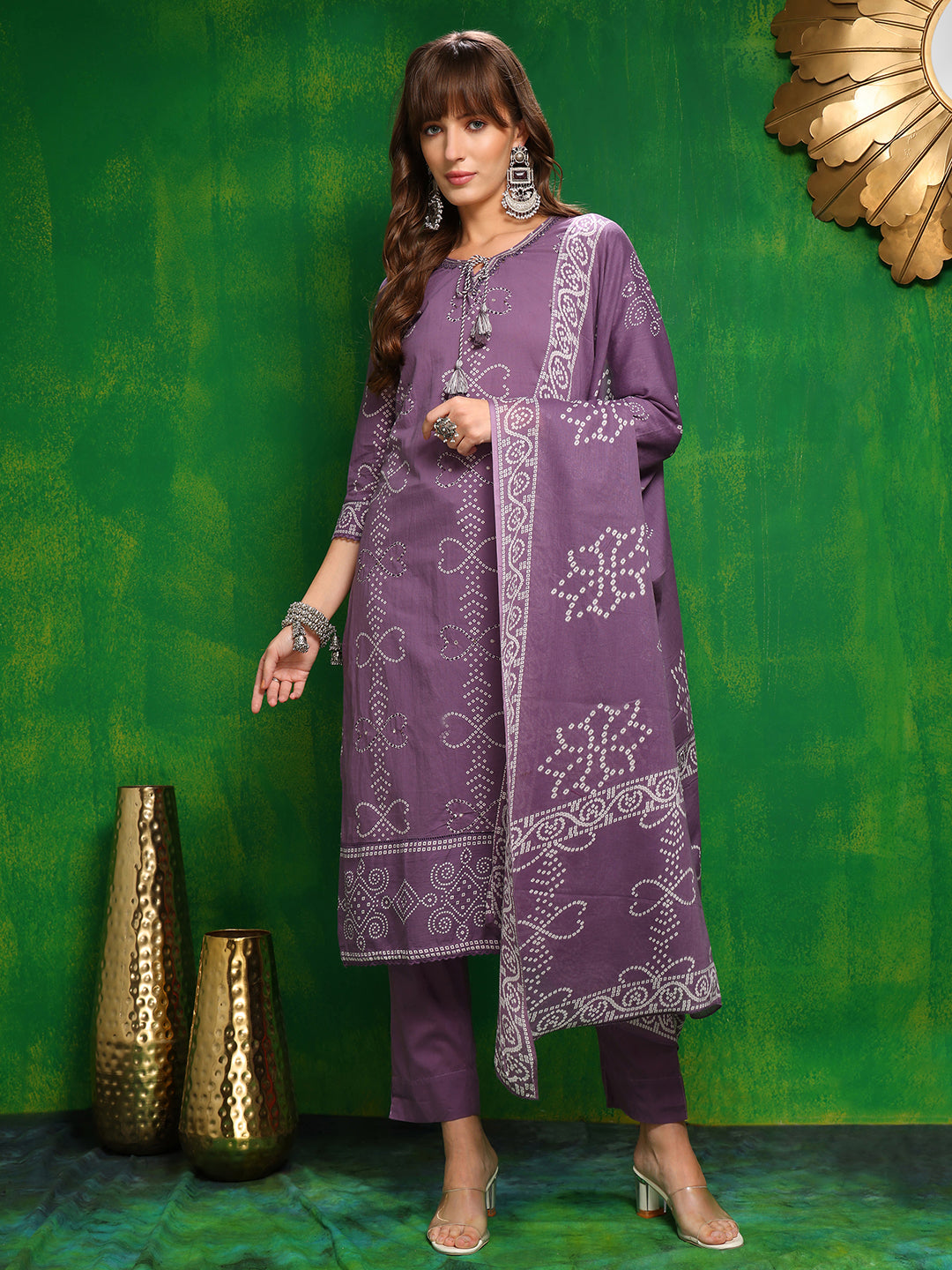 Bandhani Printed And Embroidered Kurta With Pant & Dupatta, Lavender - Hiral Fashion - Distacart