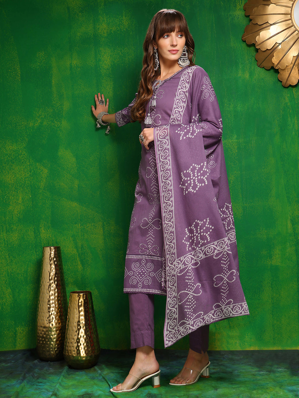 Bandhani Printed And Embroidered Kurta With Pant & Dupatta, Lavender - Hiral Fashion - Distacart