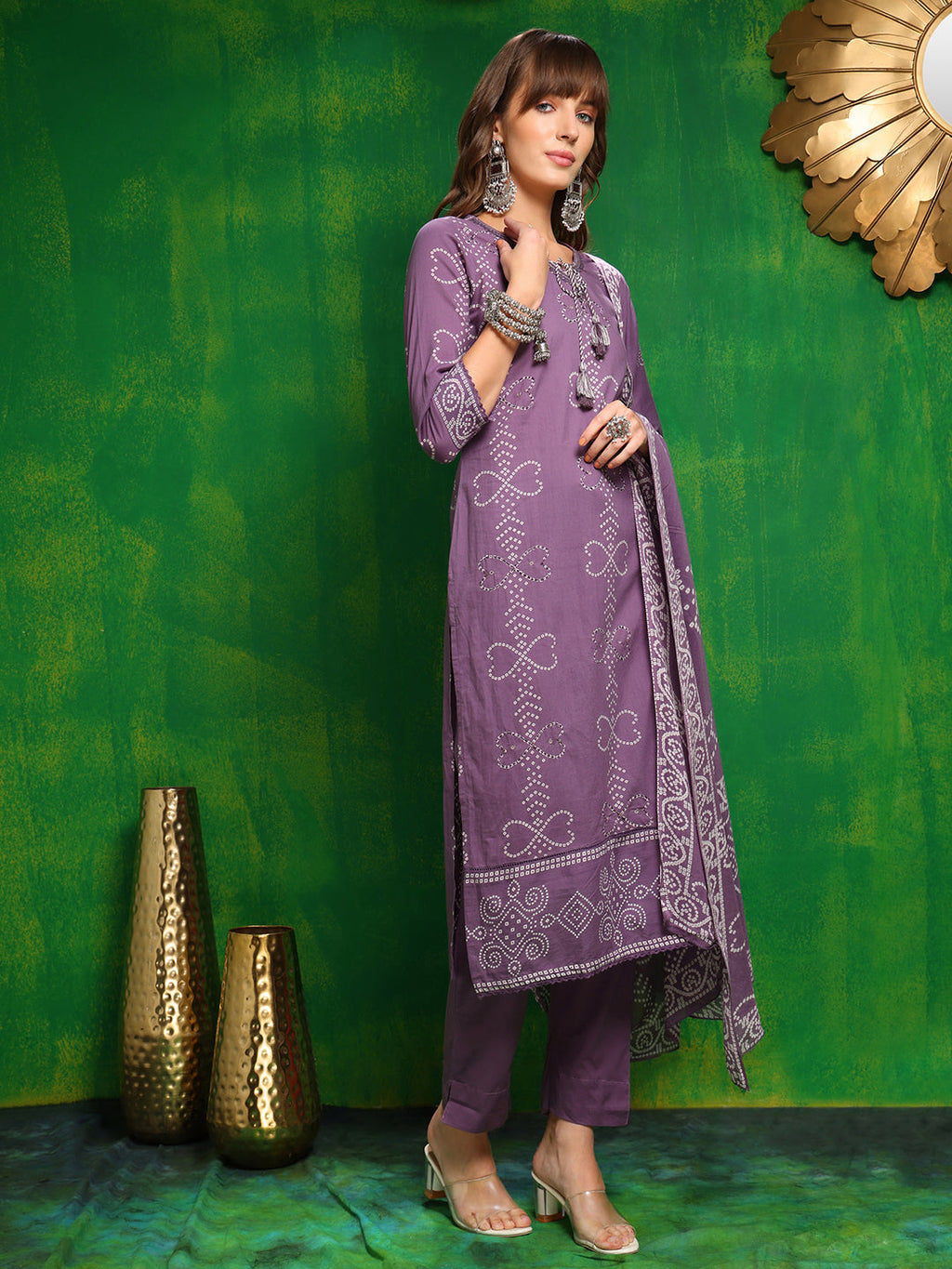 Bandhani Printed And Embroidered Kurta With Pant & Dupatta, Lavender - Hiral Fashion - Distacart