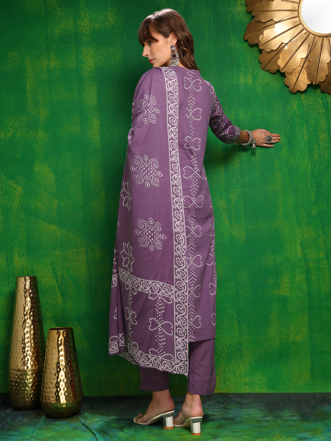 Bandhani Printed And Embroidered Kurta With Pant & Dupatta, Lavender - Hiral Fashion - Distacart