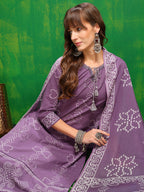 Bandhani Printed And Embroidered Kurta With Pant & Dupatta, Lavender - Hiral Fashion - Distacart