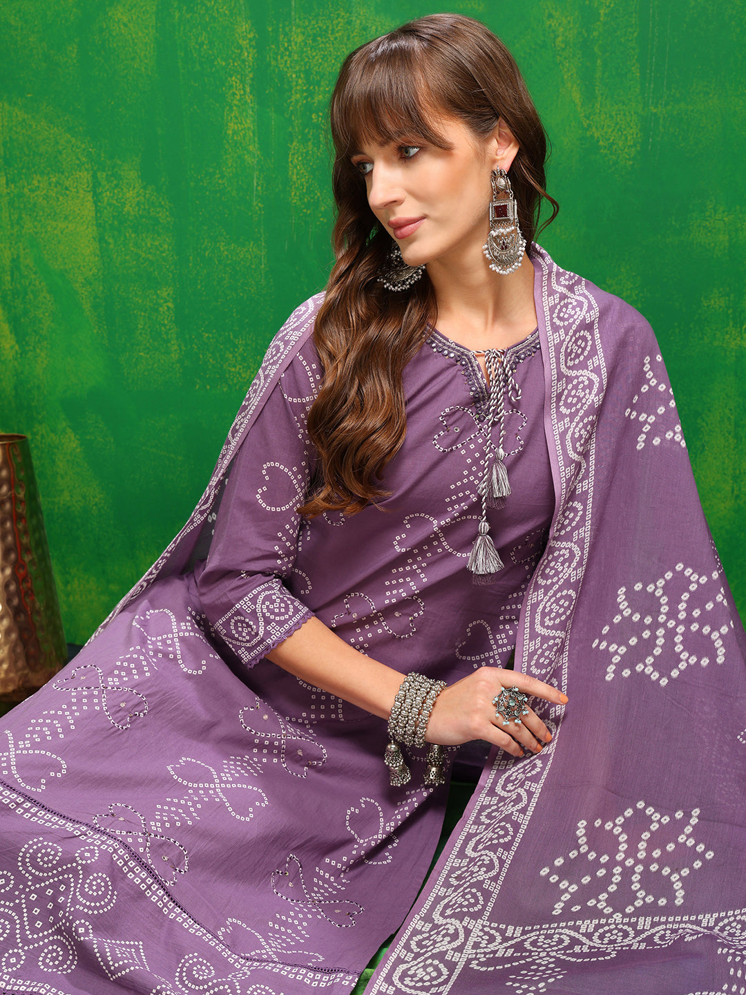 Bandhani Printed And Embroidered Kurta With Pant & Dupatta, Lavender - Hiral Fashion - Distacart