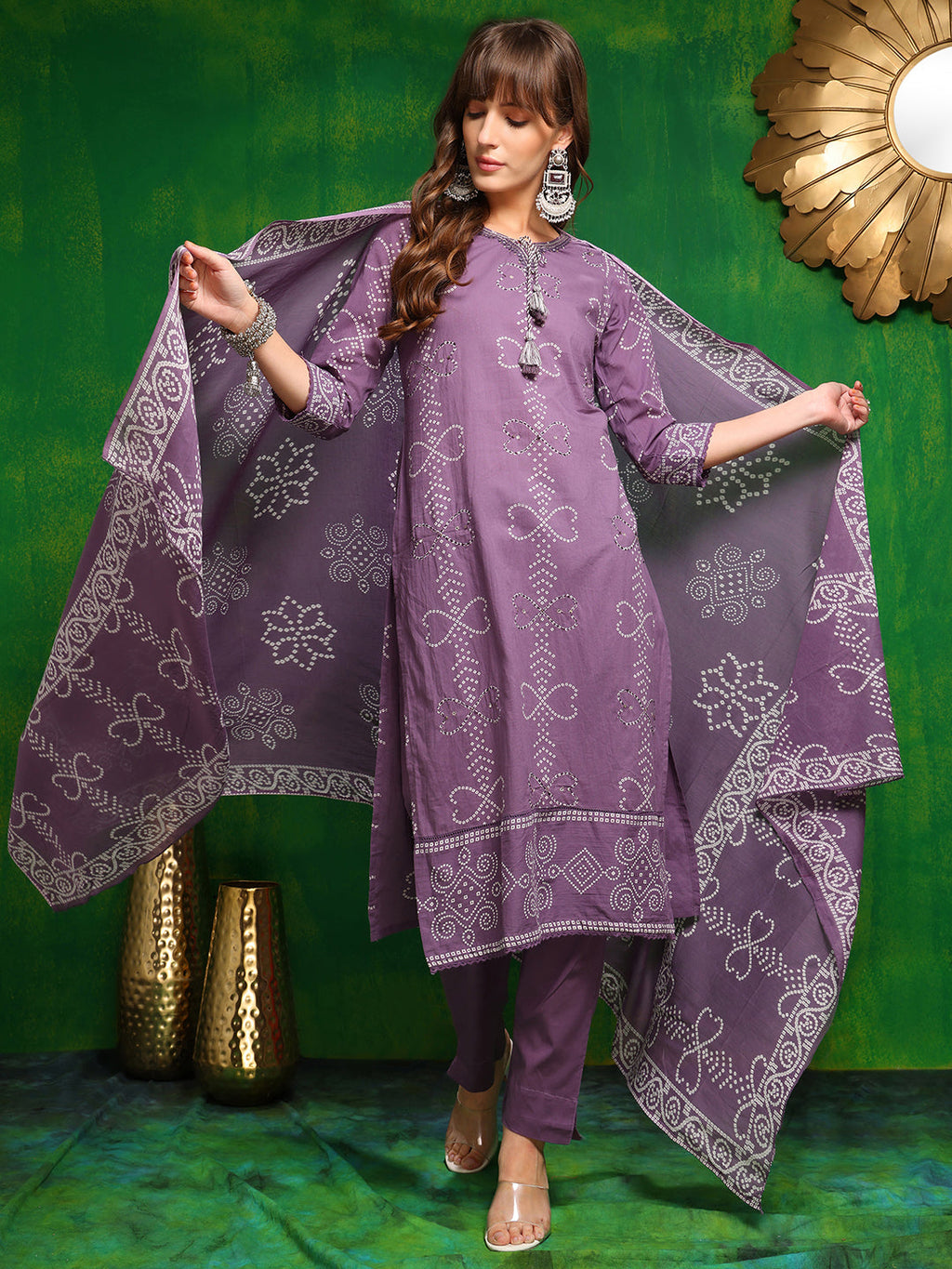 Bandhani Printed And Embroidered Kurta With Pant & Dupatta, Lavender - Hiral Fashion - Distacart