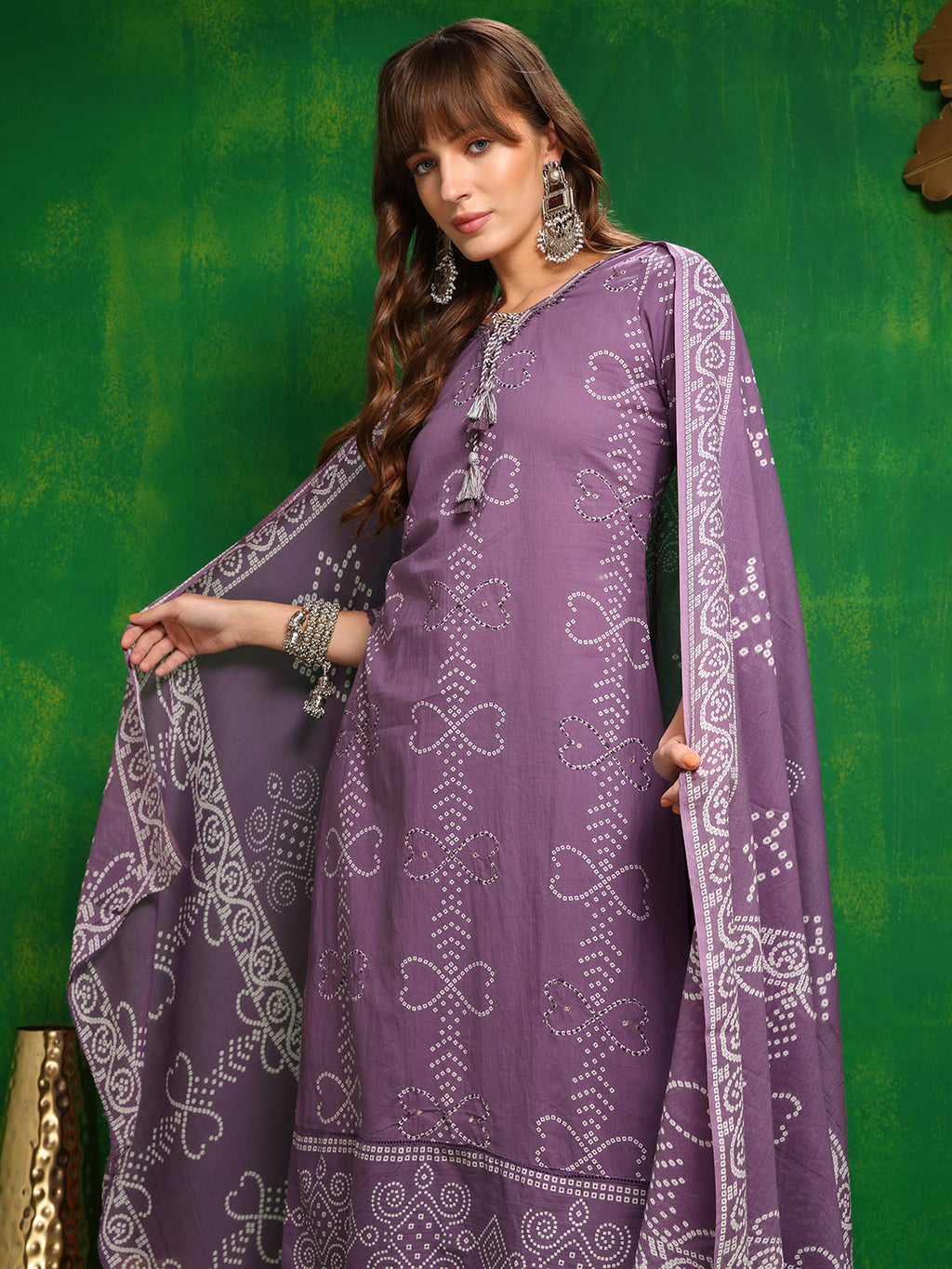 Bandhani Printed And Embroidered Kurta With Pant & Dupatta, Lavender - Hiral Fashion - Distacart
