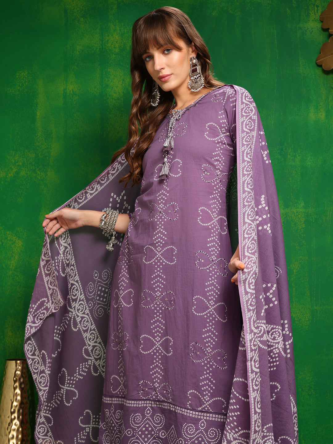 Bandhani Printed And Embroidered Kurta With Pant & Dupatta, Lavender - Hiral Fashion - Distacart