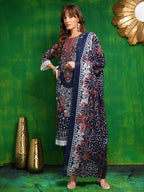 Pakistani Printed Kurta With Pant & Dupatta, Blue - Hiral Fashion - Distacart